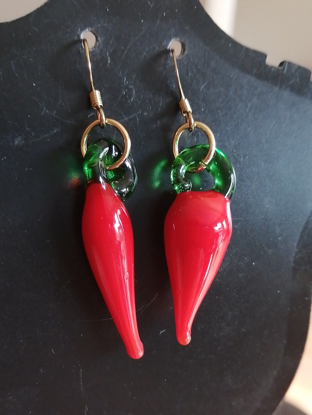 Fun Drop Glass Earrings With Red Chili Peppers and Green